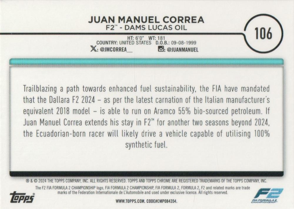 2024 Topps Chrome Formula 1 Juan Manuel Correa F2C #106 Dams Lucas Oil