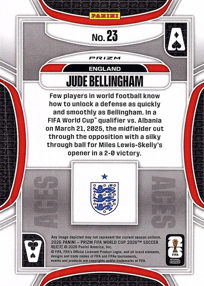 2026 Panini Prizm World Cup Aces Silver Jude Bellingham #23 Angleterre