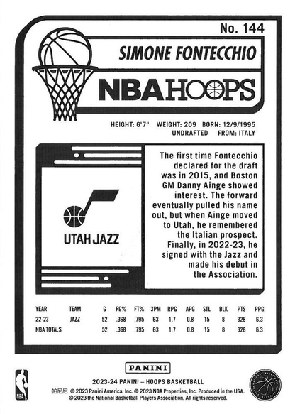 2023 Panini Hoops Simone Fontecchio #144 Utah Jazz