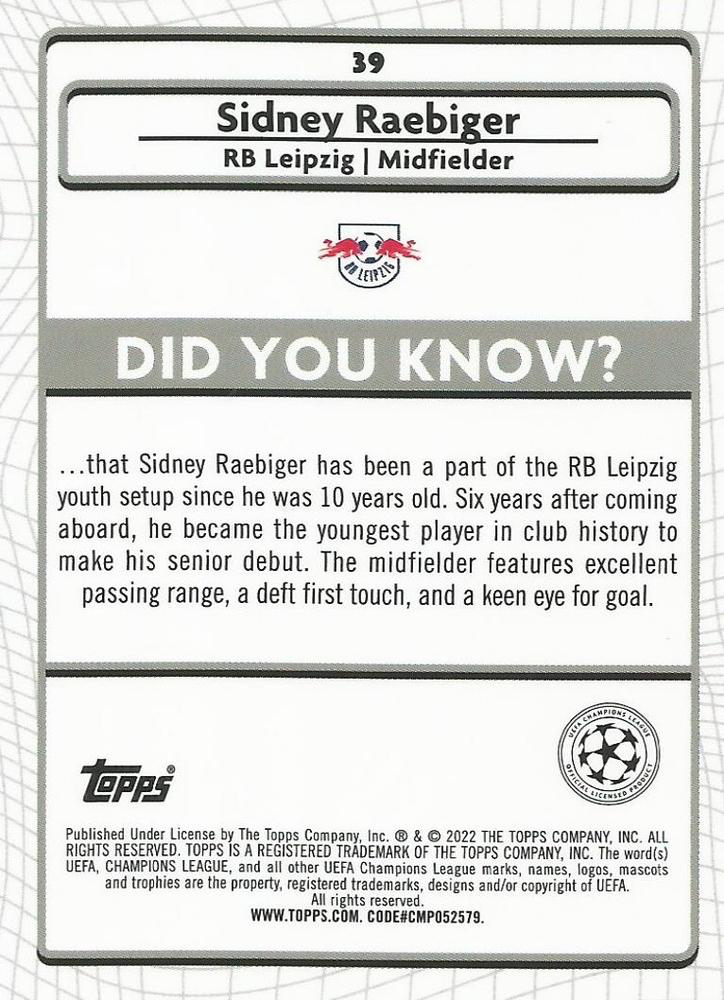 2021 Topps Merlin UEFA Club Competitions Sidney Raebiger RC #39 RB Leipzig