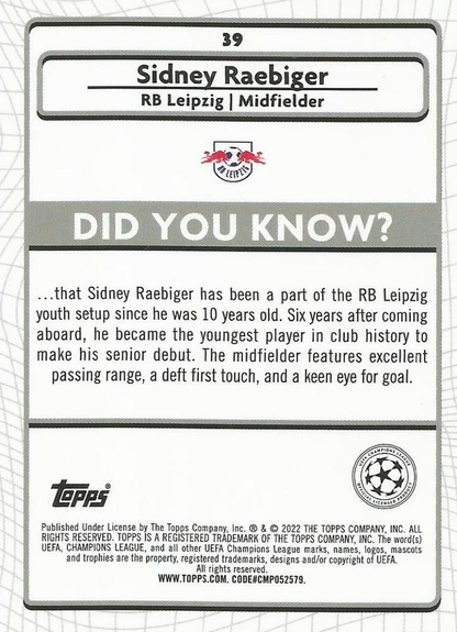 2021 Topps Merlin UEFA Club Competitions Sidney Raebiger RC #39 RB Leipzig