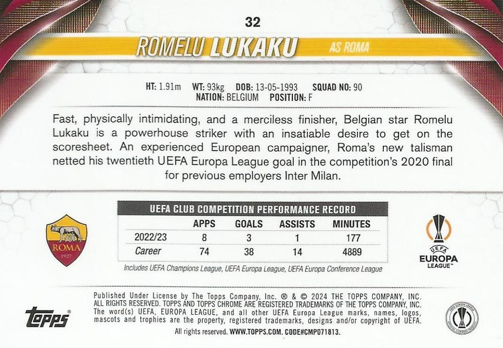 2023 Topps Chrome UEFA Club Competitions Romelu Lukaku #32 Roma