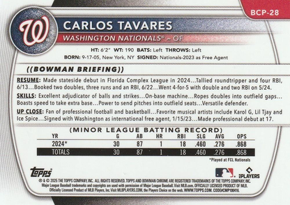 2025 Topps Bowman Chrome Prospect Carlos Tavares 1st #BCP-28 Washington Nationals