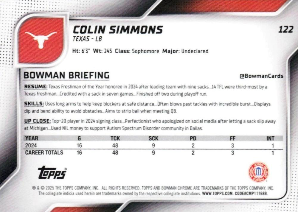2025 Topps Bowman U Chrome Colin Simmons 1st #122 Texas Longhorns