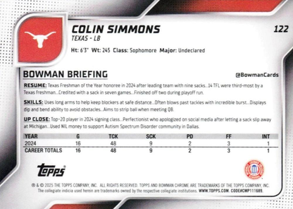 2025 Topps Bowman U Chrome Colin Simmons 1st #122 Texas Longhorns