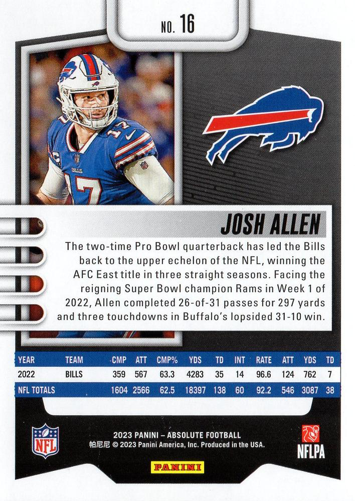 2023 Panini Absolute Josh Allen #16 Buffalo Bills