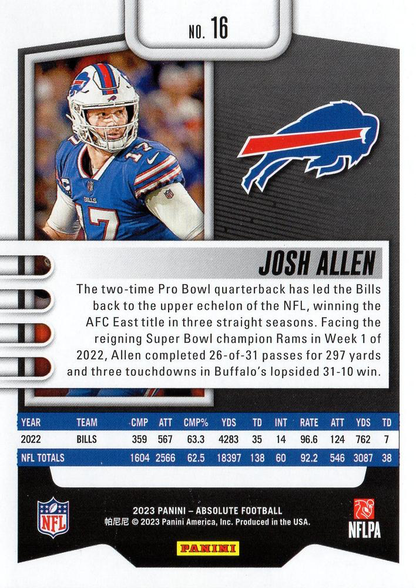 2023 Panini Absolute Josh Allen #16 Buffalo Bills