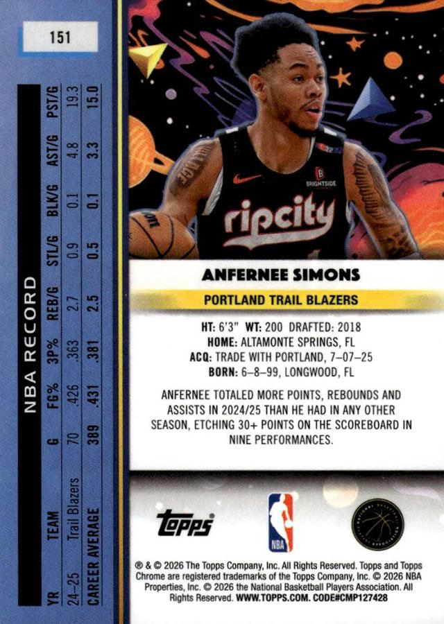 2025 Topps Chrome Cosmic Anfernee Simons #151 Portland Trail Blazers