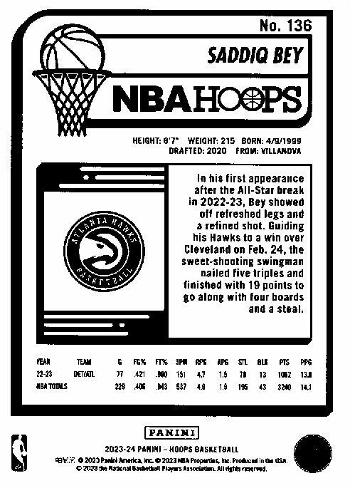 2023 Panini Hoops Saddiq Bey #136 Atlanta Hawks