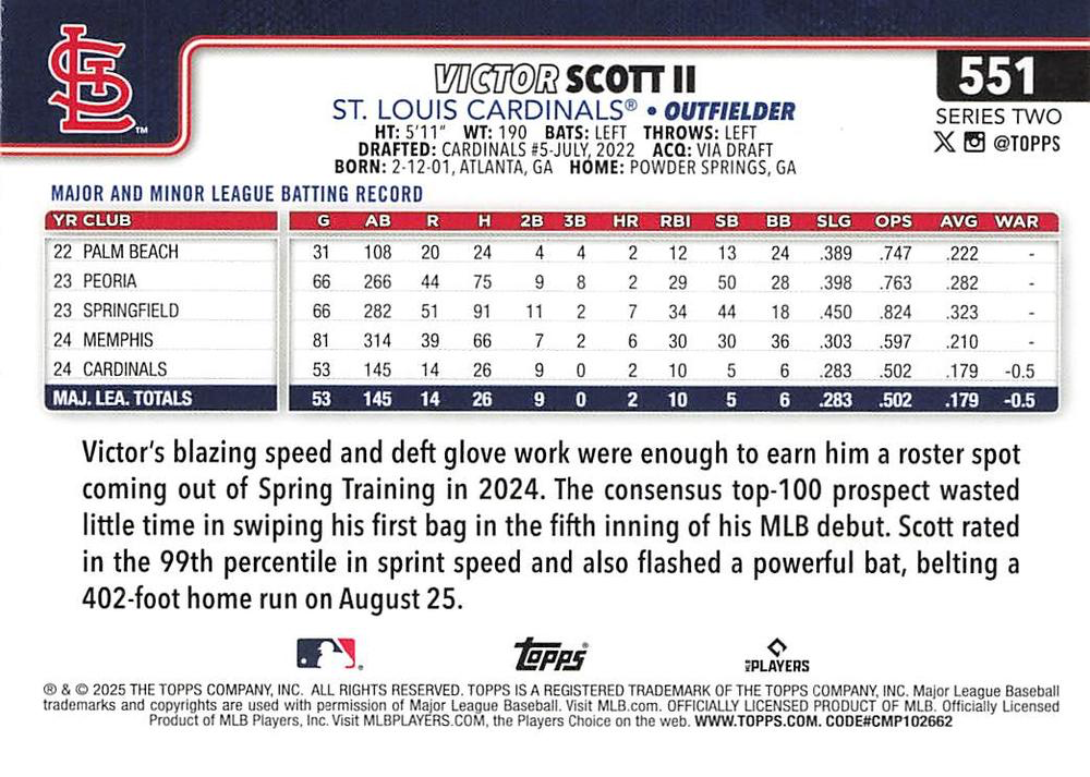 2025 Topps Series 2 Victor Scott II #551 St. Louis Cardinals