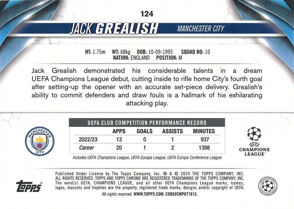 2023 Topps Chrome UEFA Club Competitions Jack Grealish #124 Manchester City