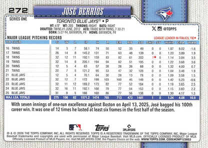 2026 Topps Series 1 Jose Berrios #272 Toronto Blue Jays