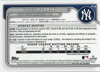 2024 Topps Bowman Chrome Prospects 1ST Caleb Durbin New York Yankees #BCP-214