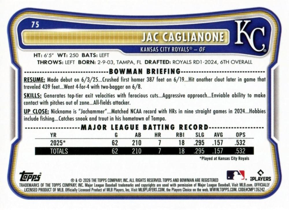 2026 Topps Bowman Jac Caglianone RC #75 Kansas City Royals
