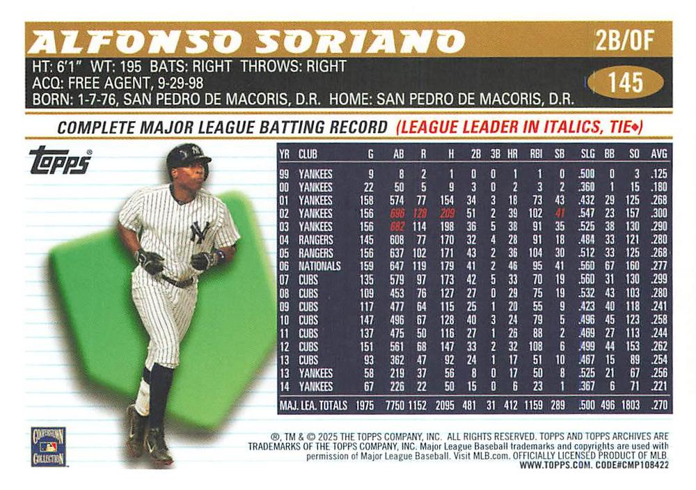 2025 Topps Archives Alfonso Soriano #145 New York Yankees