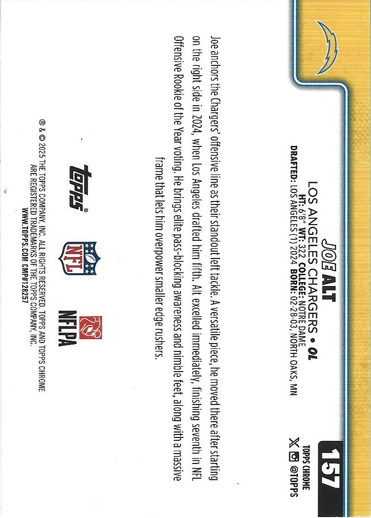 2025 Topps Chrome NFL Joe Alt #157 Los Angeles Chargers