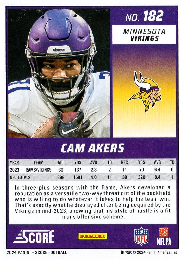 2024 Panini Score Football Cam Akers Minnesota Vikings #182