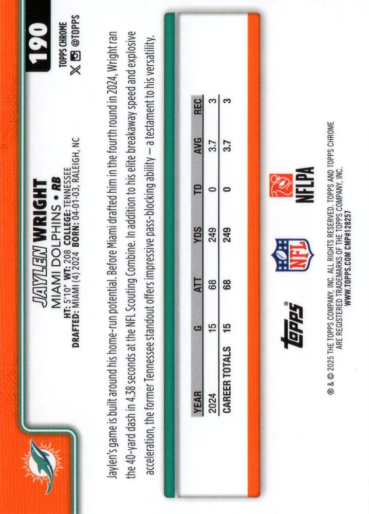 2025 Topps Chrome NFL Jaylen Wright #190 Miami Dolphins