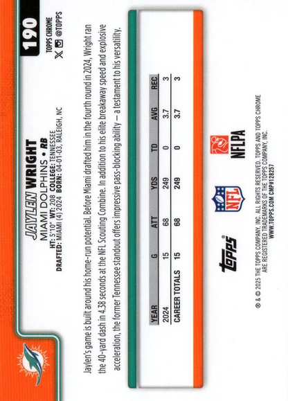 2025 Topps Chrome NFL Jaylen Wright #190 Miami Dolphins