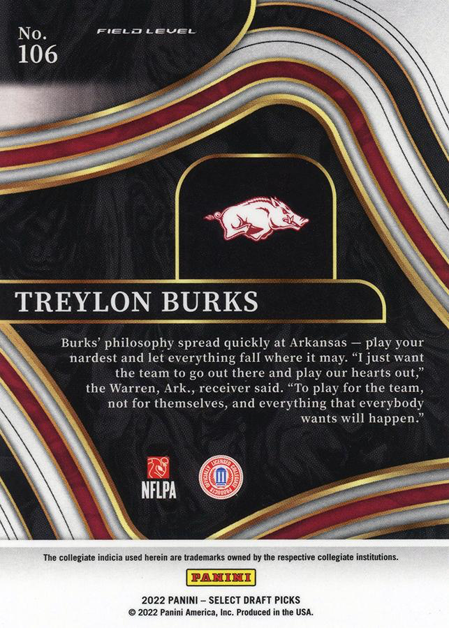 2022 Panini Select Draft Picks Blue Treylon Burks #106 Arkansas Razorbacks
