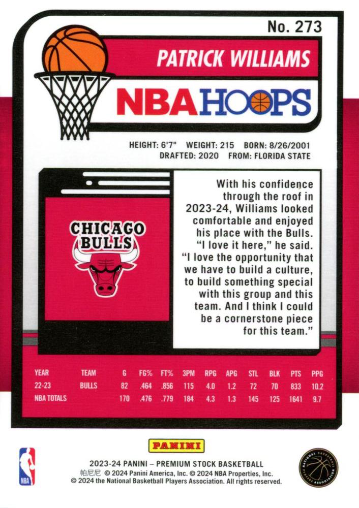 2023 Panini Premium Stock Patrick Williams #273 Chicago Bulls