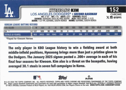 2025 Topps Chrome MLB Hyeseong Kim RC #152 Los Angeles Dodgers