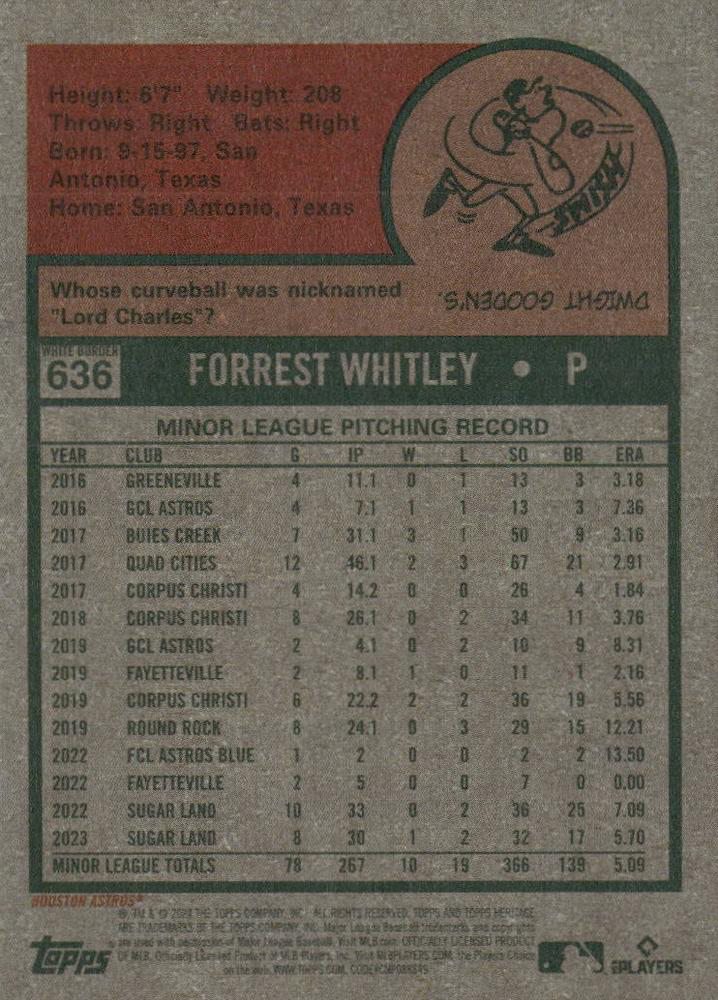 2024 Topps Heritage White Border Parallel Forrest Whitley RC Houston Astros #636