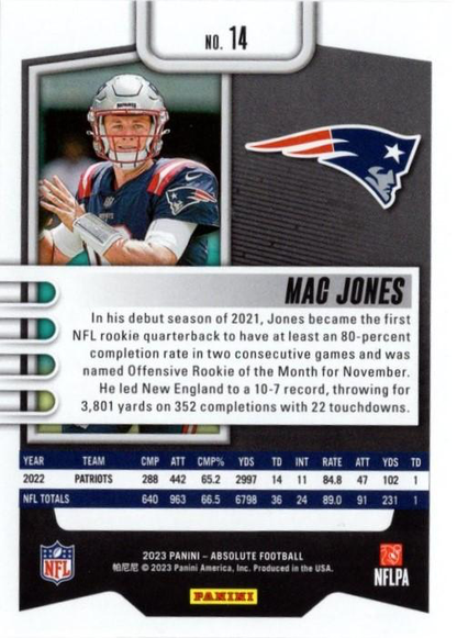2023 Panini Absolute green parallel Mac Jones #14 New England Patriots