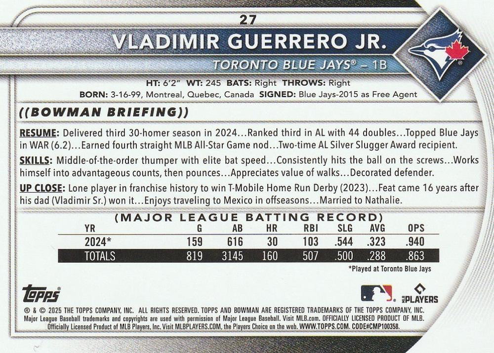 2025 Topps Bowman Vladimir Guerrero Jr. #27 Toronto Blue Jays
