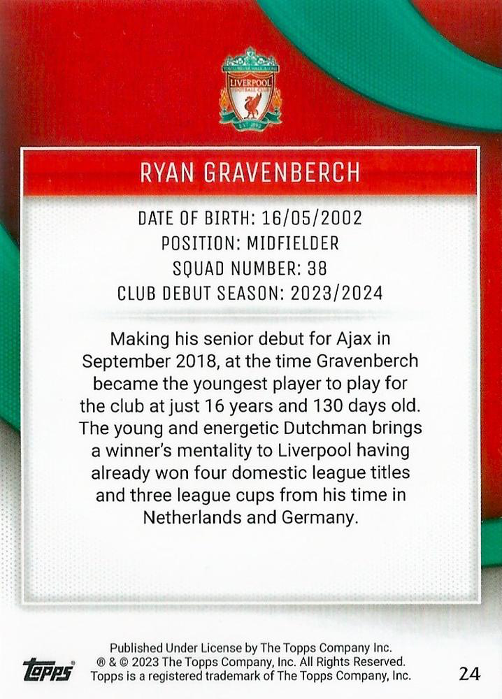 2023 Topps Liverpool Team Set Ryan Gravenberch #24 Liverpool