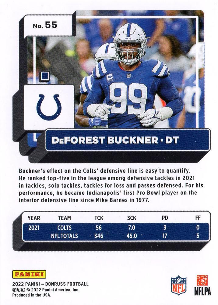 2022 Panini Donruss DeForest Buckner #55 Indianapolis Colts