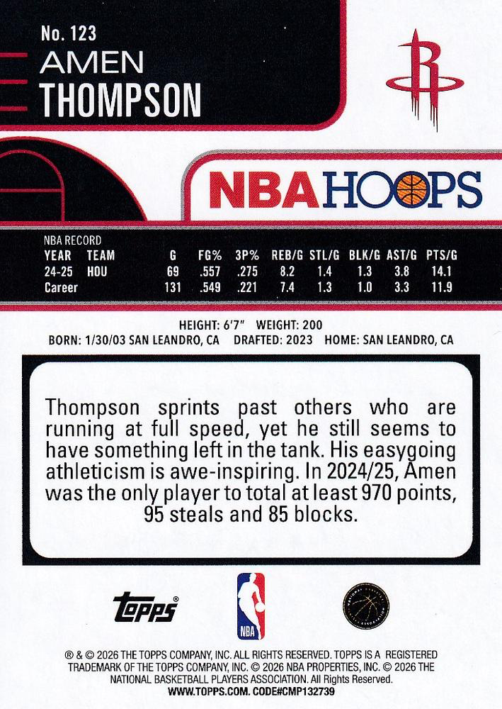 2025 Topps Hoops Amen Thompson #123 Houston Rockets