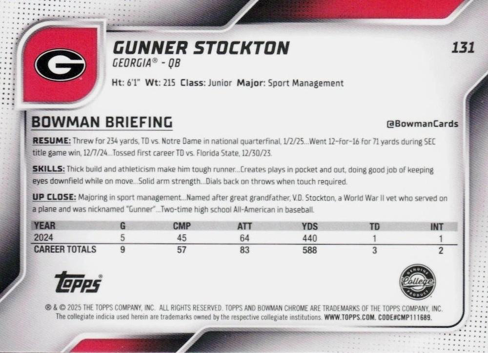 2025 Topps Bowman U Chrome Gunner Stockton 1st #131 Georgia Bulldogs