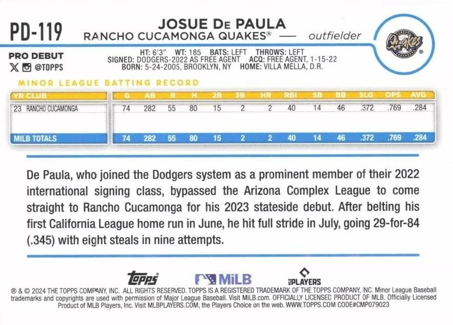 2024 Topps Pro Debut Josue De Paula #PD-119 Rancho Cucamonga Quakes