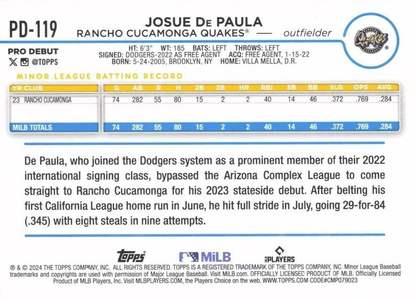 2024 Topps Pro Debut Josue De Paula #PD-119 Rancho Cucamonga Quakes