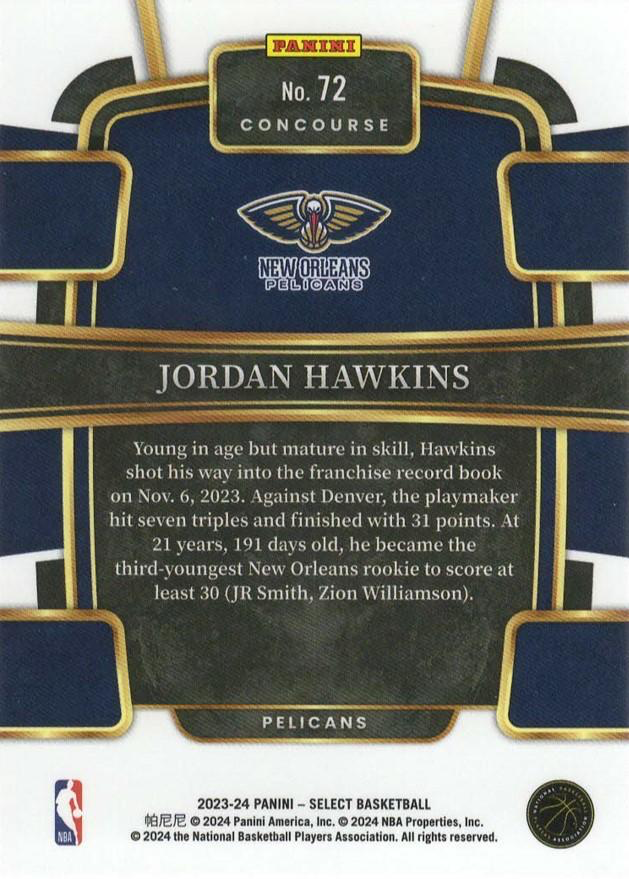 2023 Panini Select NBA Blue Jordan Hawkins RC #72 New Orleans Pelicans