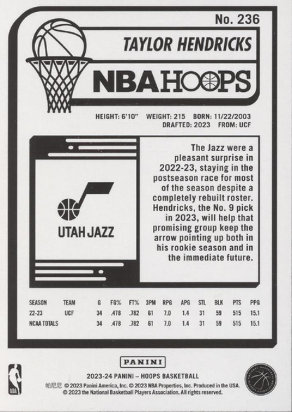 2023 Panini Hoops Taylor Hendricks RC #236 Utah Jazz