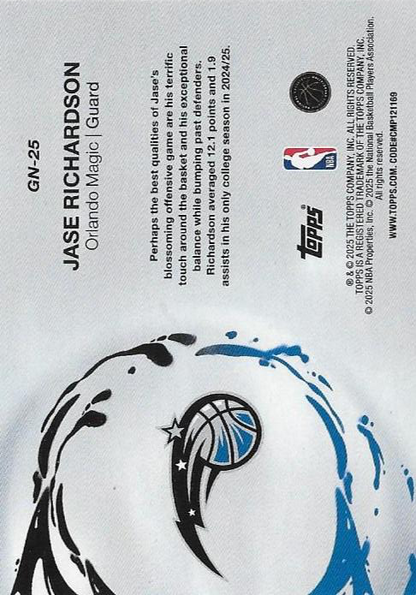 2025 Topps NBA Generation Now Jase Richardson GN-25 Orlando Magic