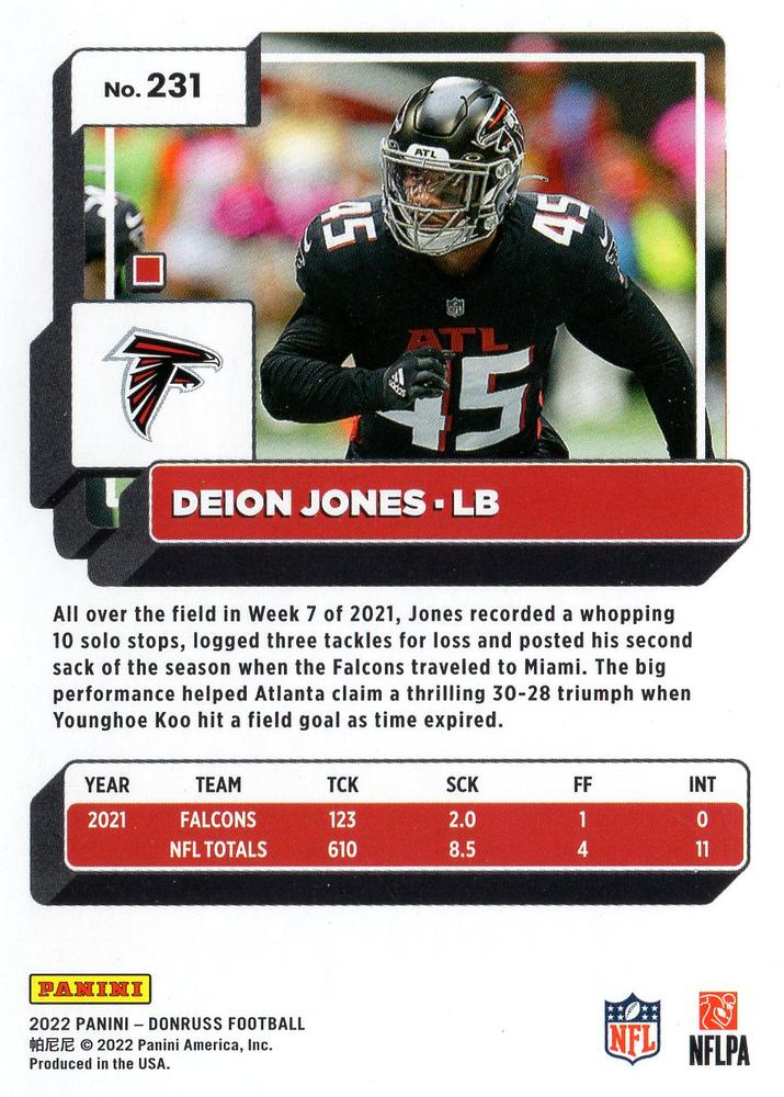 2022 Panini Donruss Deion Jones #231 Atlanta Falcons