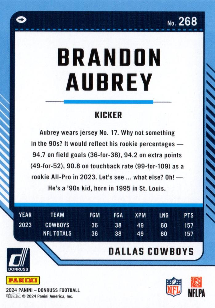 2024 Panini Donruss Brandon Aubrey Dallas Cowboys #268