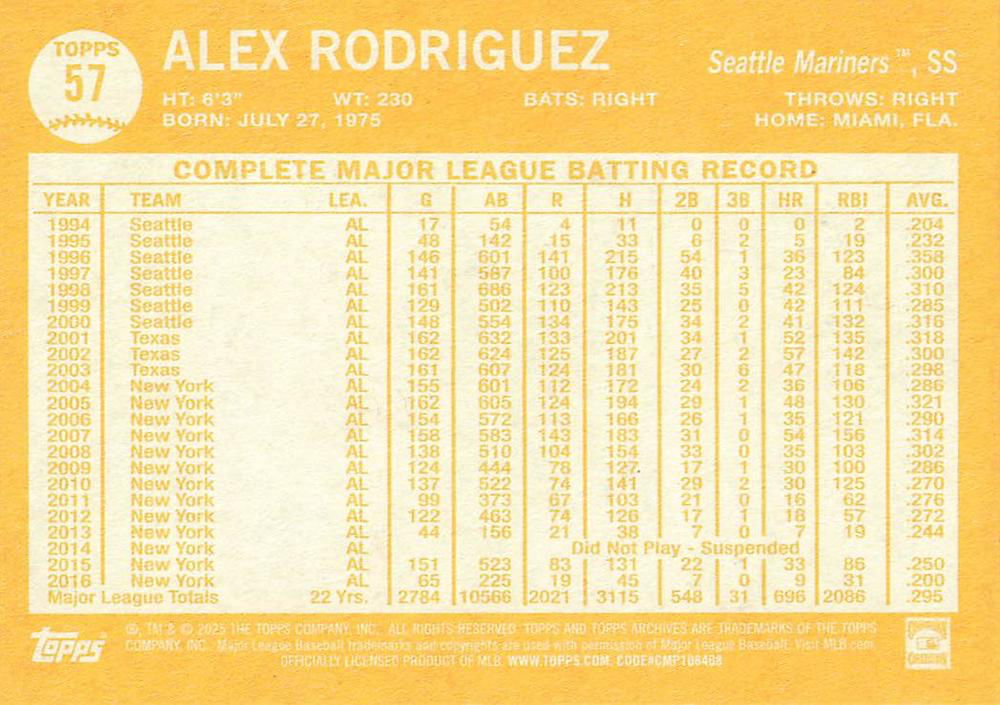 2025 Topps Archives Alex Rodriguez #57 Seattle Mariners