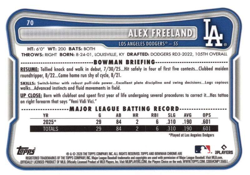 2026 Topps Bowman Chrome Mojo Alex Freeland #70 Los Angeles Dodgers