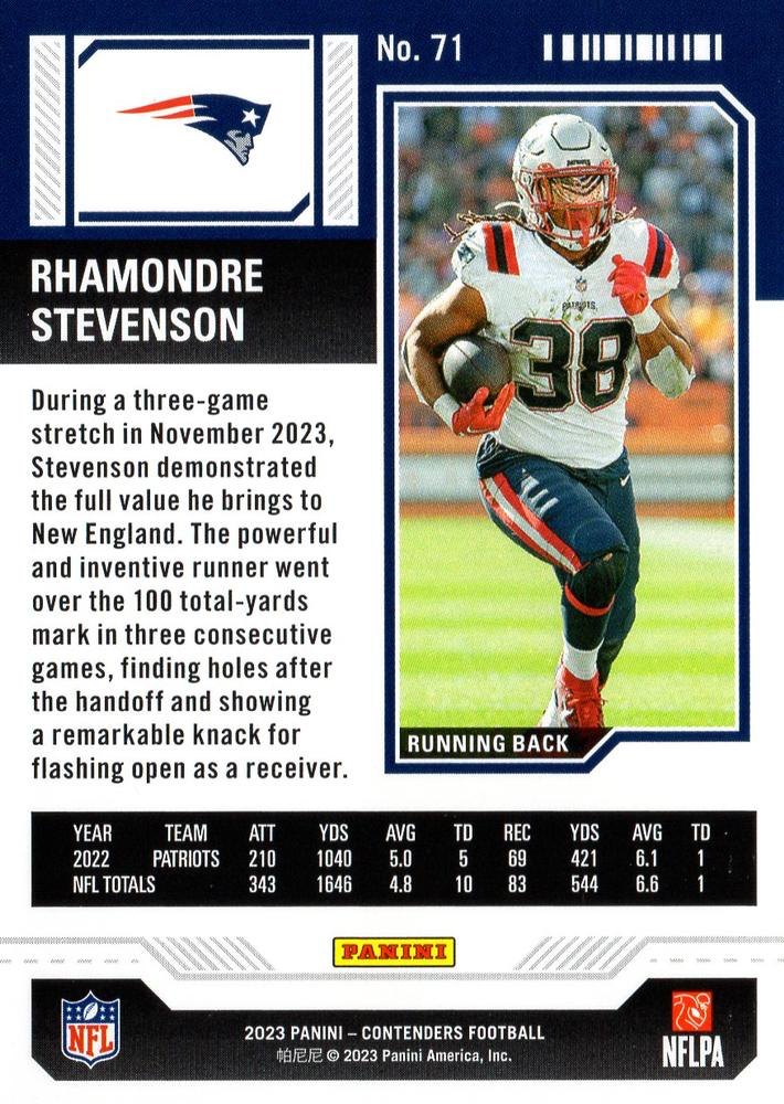 2023 Panini Contenders Rhamondre Stevenson New England Patriots #71