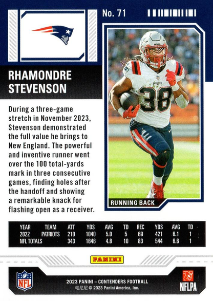 2023 Panini Contenders Rhamondre Stevenson New England Patriots #71