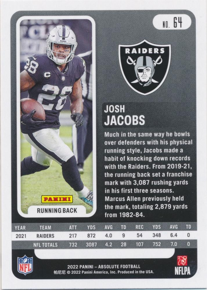 2022 Panini Absolute Josh Jacobs #64 Las Vegas Raiders
