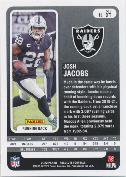 2022 Panini Absolute Josh Jacobs #64 Las Vegas Raiders