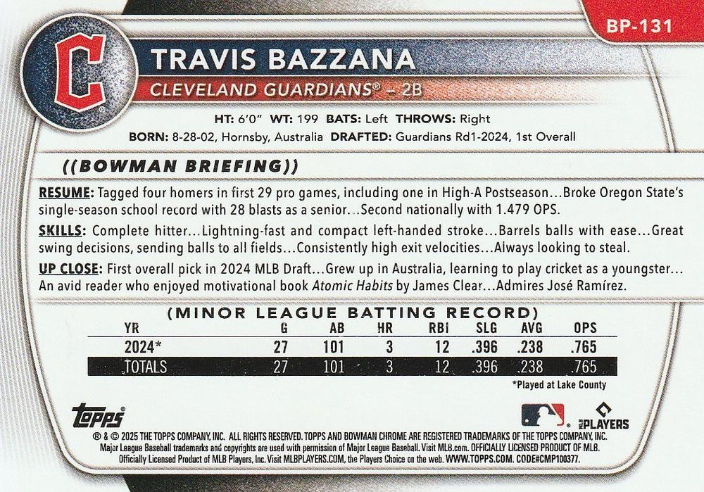 2025 Topps Bowman Paper Prospects Travis Bazzana Cleveland Guardians #BP-131