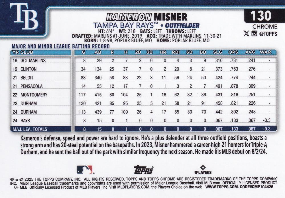 2025 Topps Chrome MLB Kameron Misner RC #130 Tampa Bay Rays