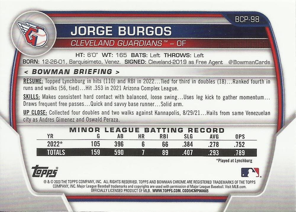 2023 Bowman Chrome Prospects Jorge Burgos 1st Cleveland Guardians #BCP-98