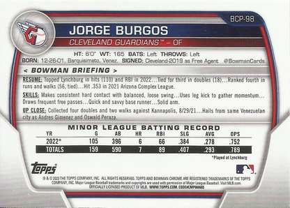2023 Bowman Chrome Prospects Jorge Burgos 1st Cleveland Guardians #BCP-98